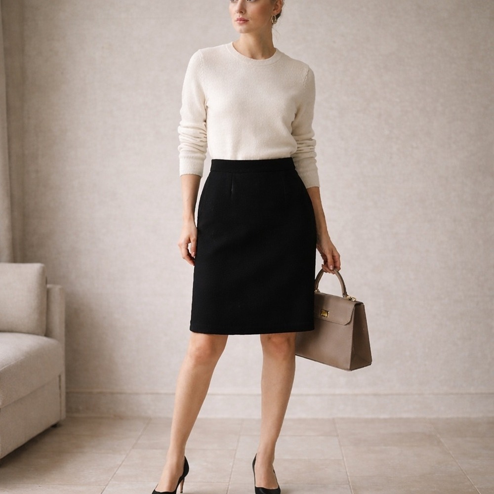 Vintage Akris Wool Pencil Knee Length‎ Skirt with Green Trim Size US 6